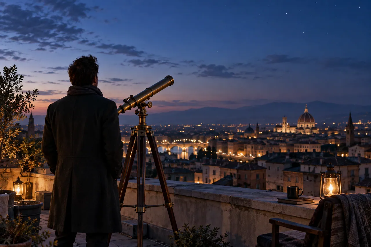 A lone adult astronomer seen from behind beside a brass telescope on a quiet rooftop at blue hour.