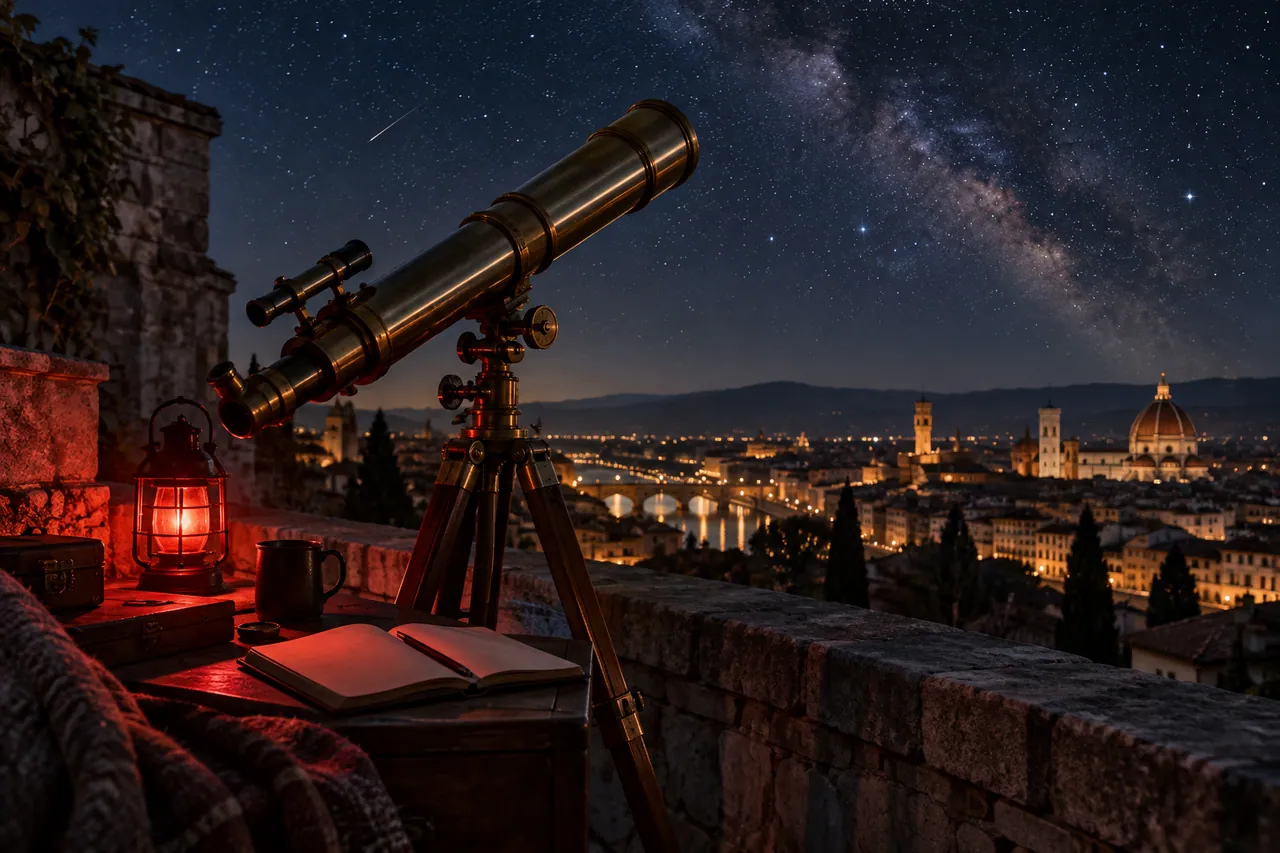 Close view of a brass telescope aimed over a rooftop parapet.