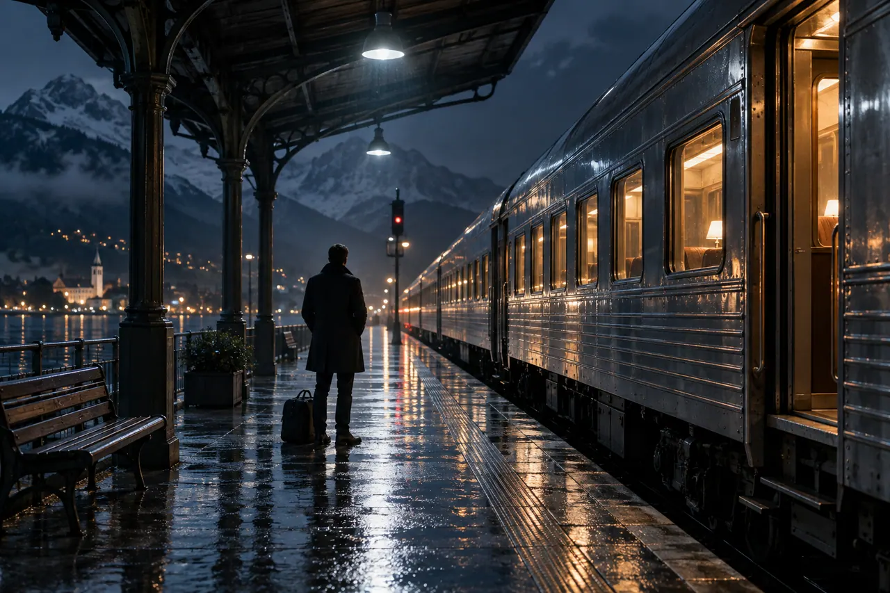 A lone adult traveler in a plain dark coat beside a stationary silver night train on a quiet rain-dark platform.