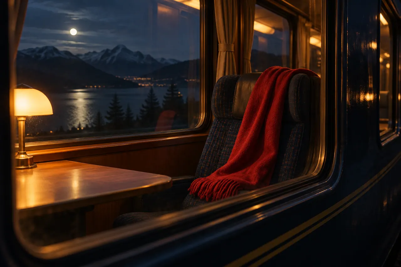 Close view through the window of a stationary night train at a plain red wool scarf left on an empty seat.
